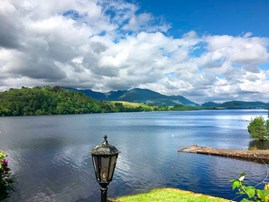 View looking across a loch to mountains beyond