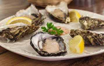 A white plate with oysters being served in the shell and lemon pieces