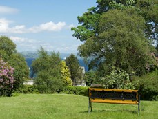 Garden scene with trees and hills beyond plus a garden bench in the foreground.
